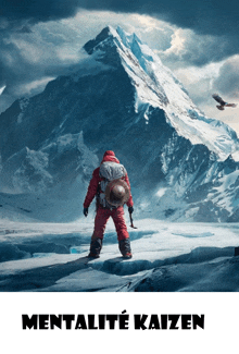 a poster for mentalite kaizen shows a man in a red suit standing in front of a mountain