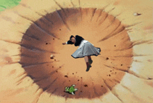 a woman in a white skirt is falling into a hole