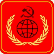 a red square with a hammer and sickle and a globe in the center