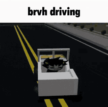 a cartoon character is driving down a road with the words brvh driving above him