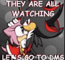 shadow the hedgehog and amy rose from sonic the hedgehog are hugging each other in a cartoon .