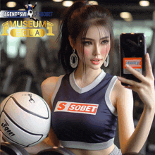 a woman taking a picture of herself with a soccer ball and a phone that says s sobet