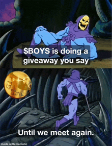 a cartoon of skeletor and a gold coin that says the boys on it