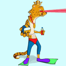 a cheetah with a crown on his head is holding a volleyball and a bottle of water