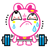 a cartoon of a bunny holding a barbell with tears running down its face