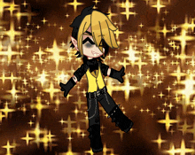 a boy with yellow hair and black gloves is standing in front of a background of stars