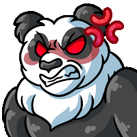 a cartoon panda bear with red eyes and a bunch of red hearts around his head