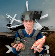 a man in a helmet is holding a bag of meat in front of a helicopter