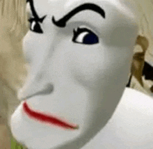 a close up of a cartoon character 's face with a white mask on .