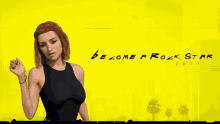 a woman stands in front of a yellow background with the words become a rock star written on it