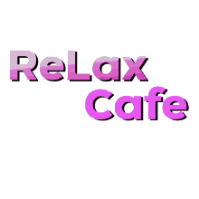 a logo for a relax cafe with purple and white letters