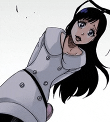 a cartoon girl with long black hair is wearing a white coat and a pink shoe .