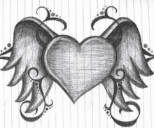 a black and white pencil drawing of a heart with angel wings .