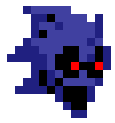 a pixel art of a blue ghost with red eyes