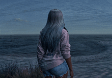 a woman with blue hair is standing on a cliff overlooking the ocean