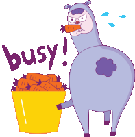 a llama eating a carrot next to a bucket of carrots and the word busy