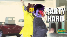 a cartoon of two people dancing with the words party hard in the background