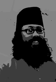 a black and white drawing of a man with a beard wearing glasses and a hat