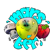 a cartoon drawing of an apple surrounded by fruits and vegetables with the word snacks written in blue letters