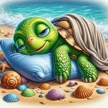 a green turtle laying on a pillow on the beach