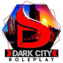 the logo for dark city roleplay is a red and black logo with a picture of a city .