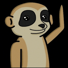 a cartoon meerkat with black eyes is waving its hand .