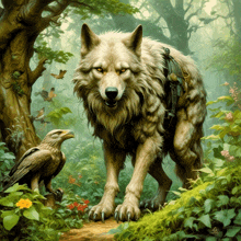 a painting of a wolf standing next to a bird