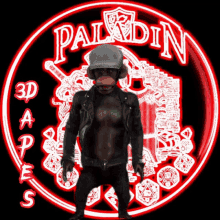 a monkey wearing a helmet stands in front of the paladin logo