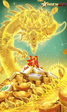 a golden dragon is surrounded by a pile of gold coins and mahjong pieces