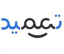 a blue and black logo with arabic writing and a smiley face