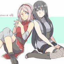 a drawing of two anime girls sitting next to each other .