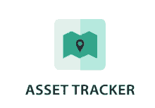 a logo for an asset tracker with a map and a pin