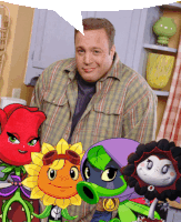 a man in a plaid shirt surrounded by cartoon characters