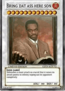 a man in a suit is holding a bible and a card that says `` bring dat ass here son '' on it .