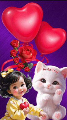 a little girl holding a heart next to a white cat with the name anita cruz