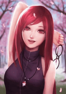 a girl with red hair and glasses is standing in front of a tree with cherry blossoms .