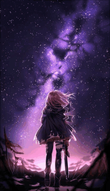 a girl with a sword stands in front of a starry sky