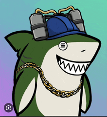 a cartoon of a shark wearing a blue hat and sunglasses