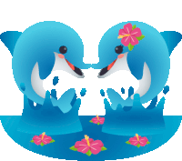 two dolphins with pink flowers on their heads