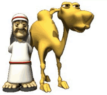 a cartoon man standing next to a camel with a mustache