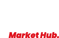 a red logo for market hub is on a white background