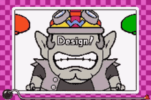 a pixel art drawing of a monster with the word design on his head