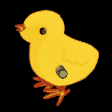 a yellow chick with red feet and a black eye