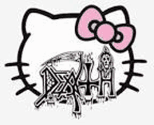 a hello kitty with a pink bow and a skeleton on a white background .