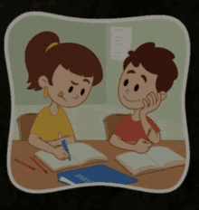 a boy and a girl are sitting at a desk with books and pens