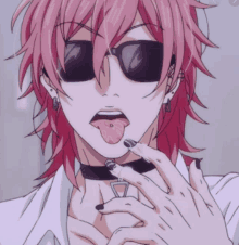 a cartoon character with pink hair and black sunglasses sticks out his tongue