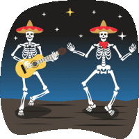 two skeletons wearing sombrero and playing guitars