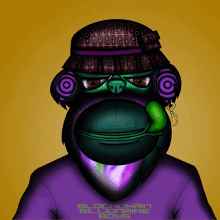 a cartoon of a monkey wearing a purple shirt that says blockchain billionaire boys