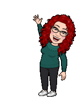 a cartoon woman with red hair and glasses is waving her hand