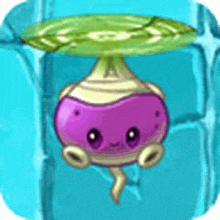 a purple and yellow cartoon character with a green leaf on top of it is hanging from a ceiling .